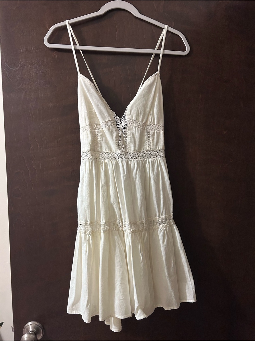 Cream Lace-Trim Spaghetti Strap Mini Dress